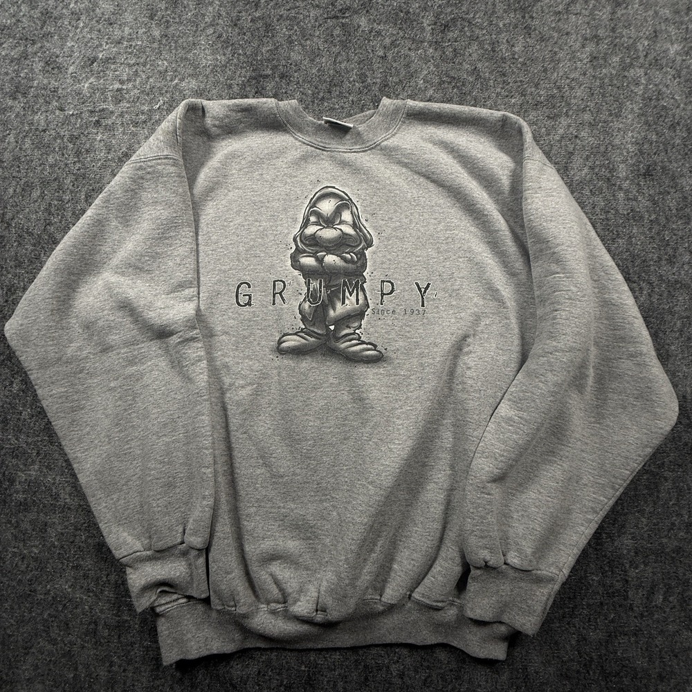 Vintage 90s Disney Grumpy Fleece Sweatshirt L Gray Disney World Seven Dwarves